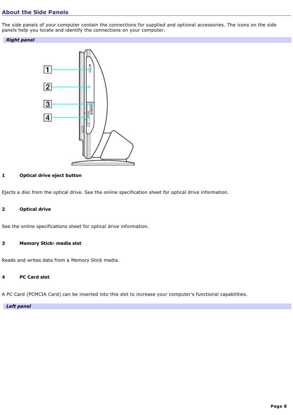 About the side panels | Sony PCV-V210P User Manual | Page 8 / 131