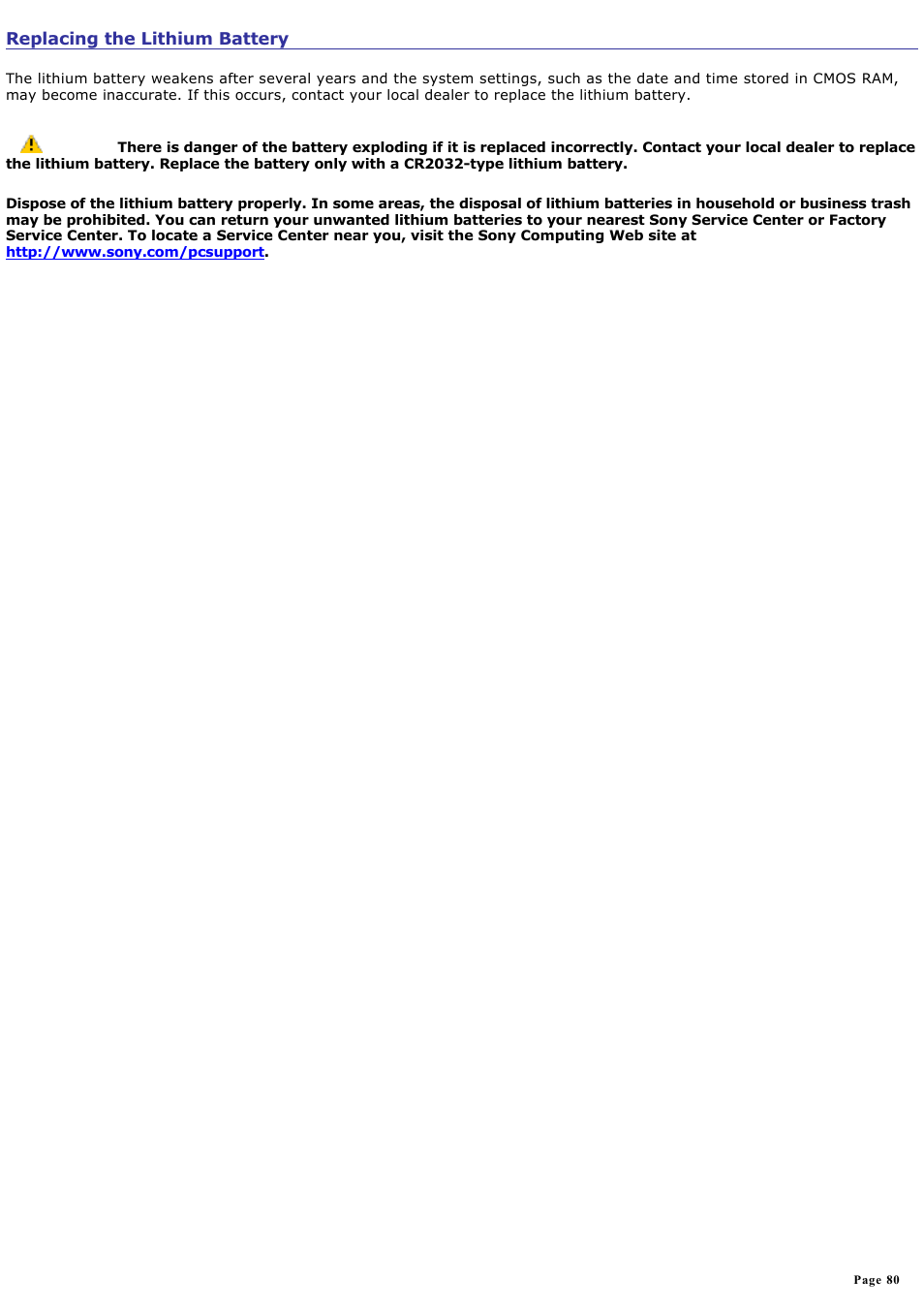 Replacing the lithium battery | Sony PCV-V210P User Manual | Page 80 / 131