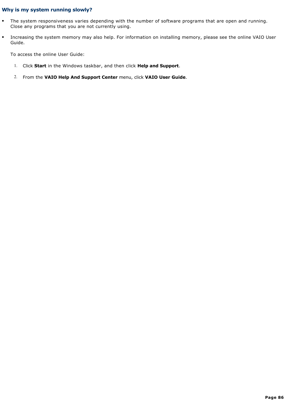 Why is my system running slowly | Sony PCV-V210P User Manual | Page 86 / 131