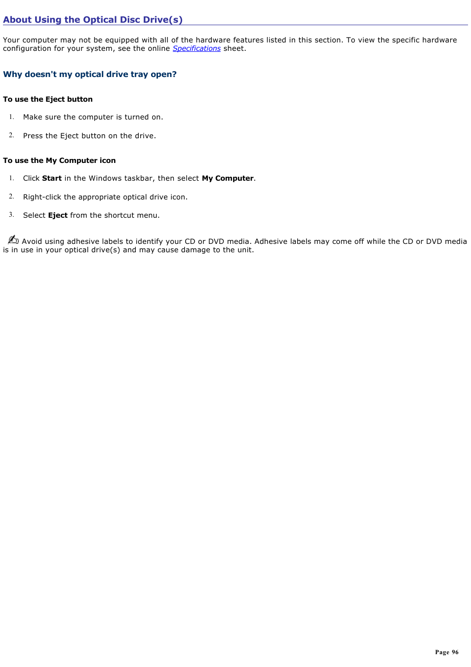 Why doesn't my optical drive tray open | Sony PCV-V210P User Manual | Page 96 / 131