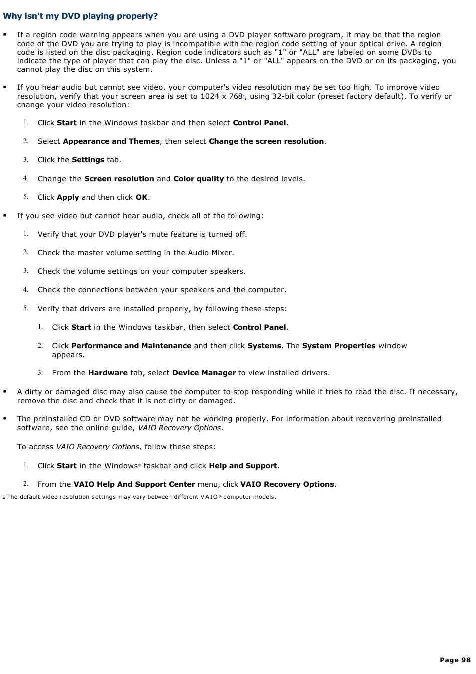 Why isn't my dvd playing properly | Sony PCV-V210P User Manual | Page 98 / 131