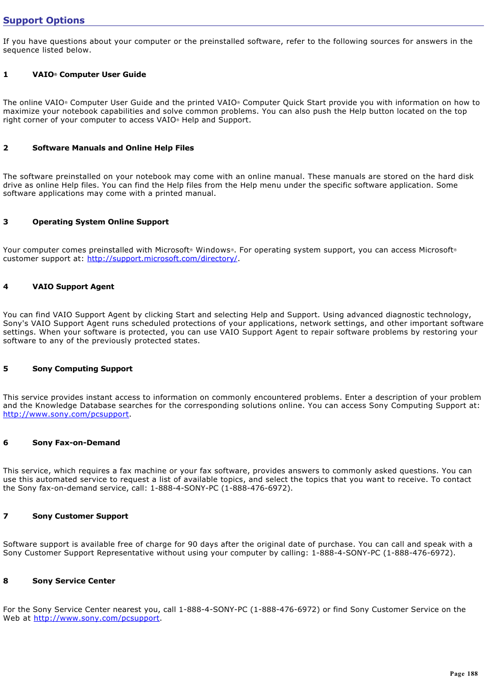 Support options | Sony PCG-NV170 User Manual | Page 188 / 188