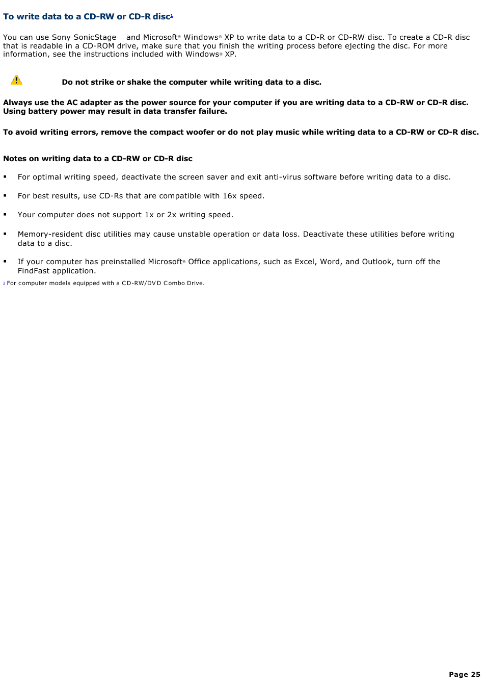 To write data to a cd-rw or cd-r disc | Sony PCG-NV170 User Manual | Page 25 / 188