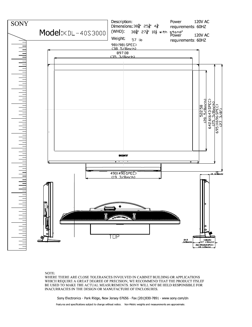 Sony KDL-40S3000 User Manual | 3 pages