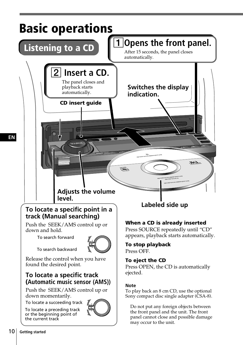 Basic operations, Listening to a cd, 2 insert a cd | 1 opens the front panel | Sony CDX-C90 User Manual | Page 10 / 134