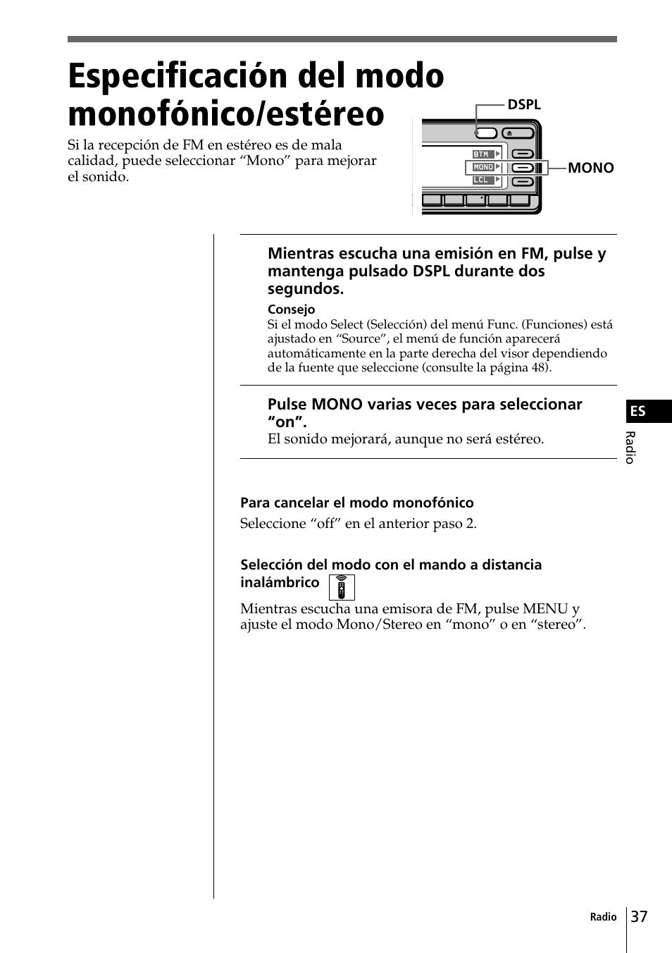 Especificación del modo monofónico /estéreo, Especificación del modo monofónico, Estéreo | Especificación del modo monofónico/estéreo | Sony CDX-C90 User Manual | Page 103 / 134