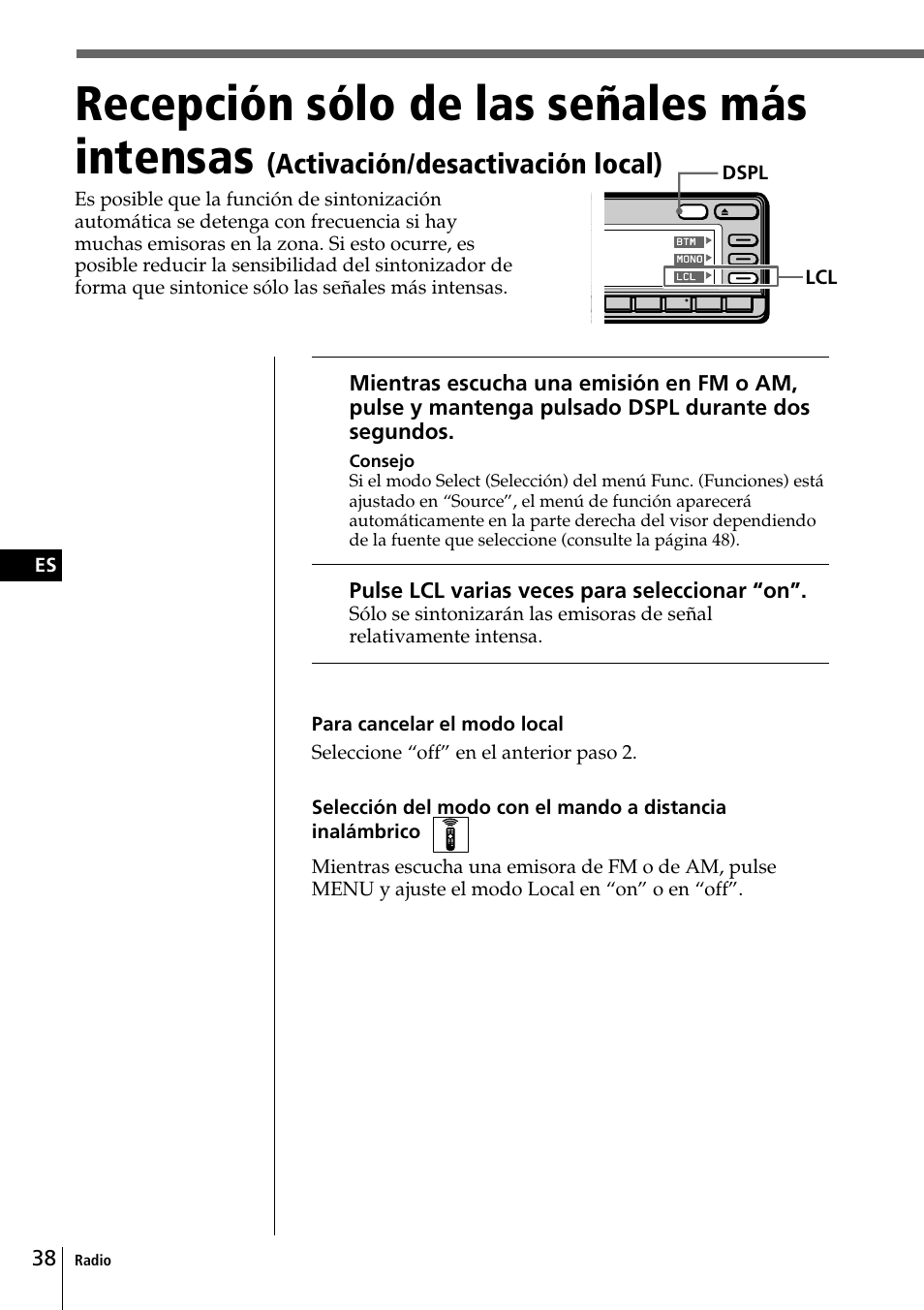 Recepción sólo de las señales más intensas, Activación/desactivación local) | Sony CDX-C90 User Manual | Page 104 / 134
