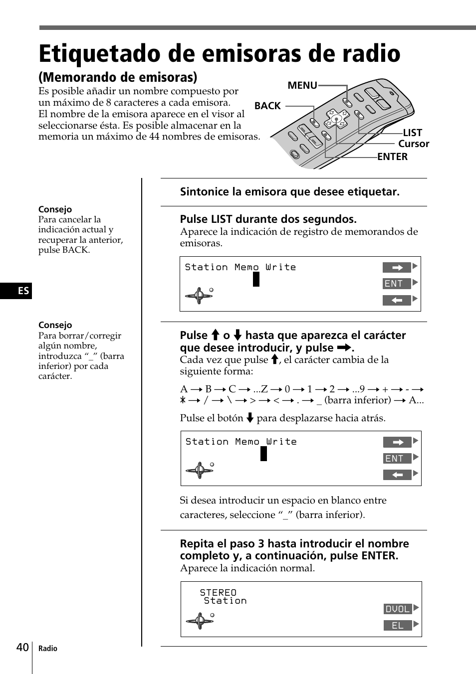 Etiquetado de emisoras de radio, Memorando de emisoras) | Sony CDX-C90 User Manual | Page 106 / 134