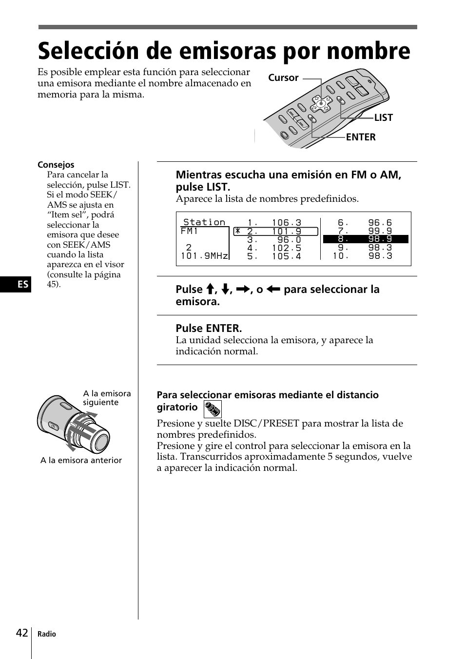 Selección de emisoras por nombre | Sony CDX-C90 User Manual | Page 108 / 134