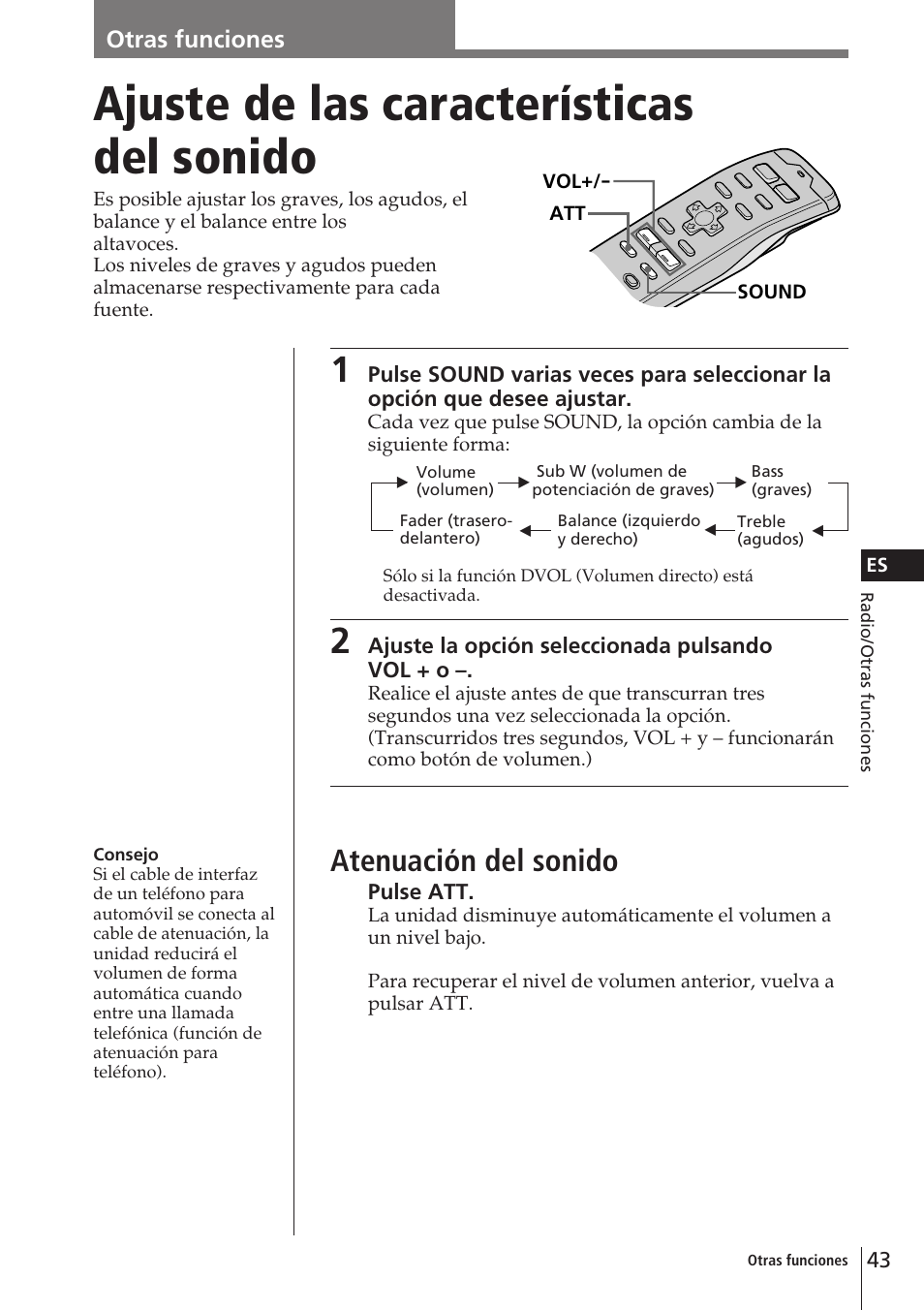 Ajuste de las características del sonido, Ajuste del menú de configuración, Atenuación del sonido | Sony CDX-C90 User Manual | Page 109 / 134
