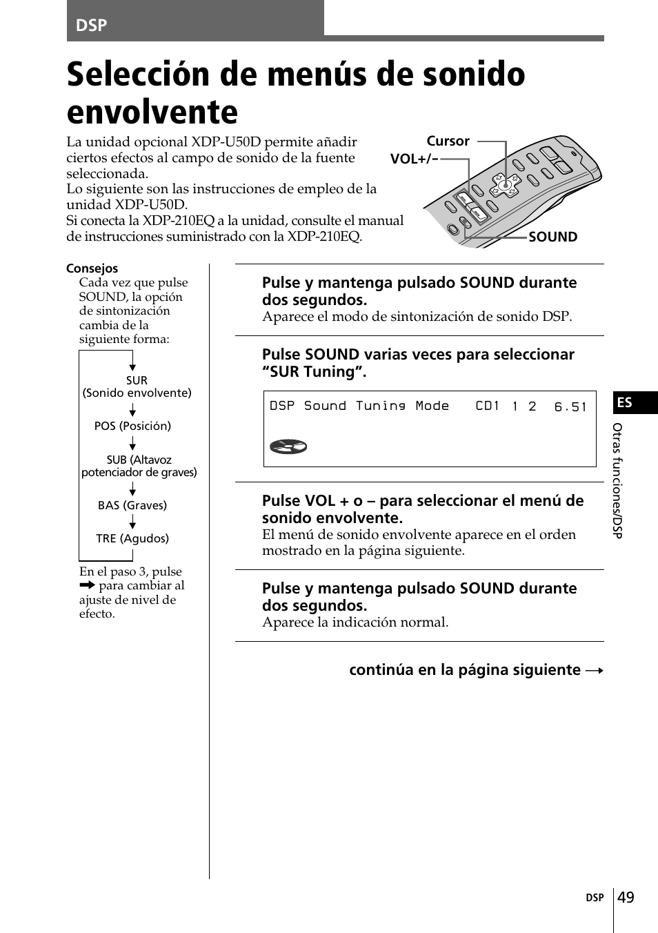 Selección de menús de sonido envolvente, Sur tuning -defeat | Sony CDX-C90 User Manual | Page 115 / 134