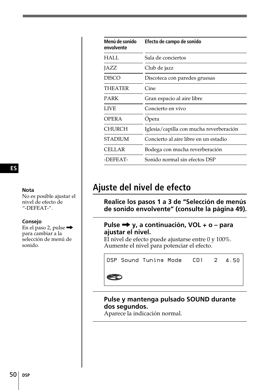 Sur hall effect 90, Ajuste del nivel de efecto | Sony CDX-C90 User Manual | Page 116 / 134
