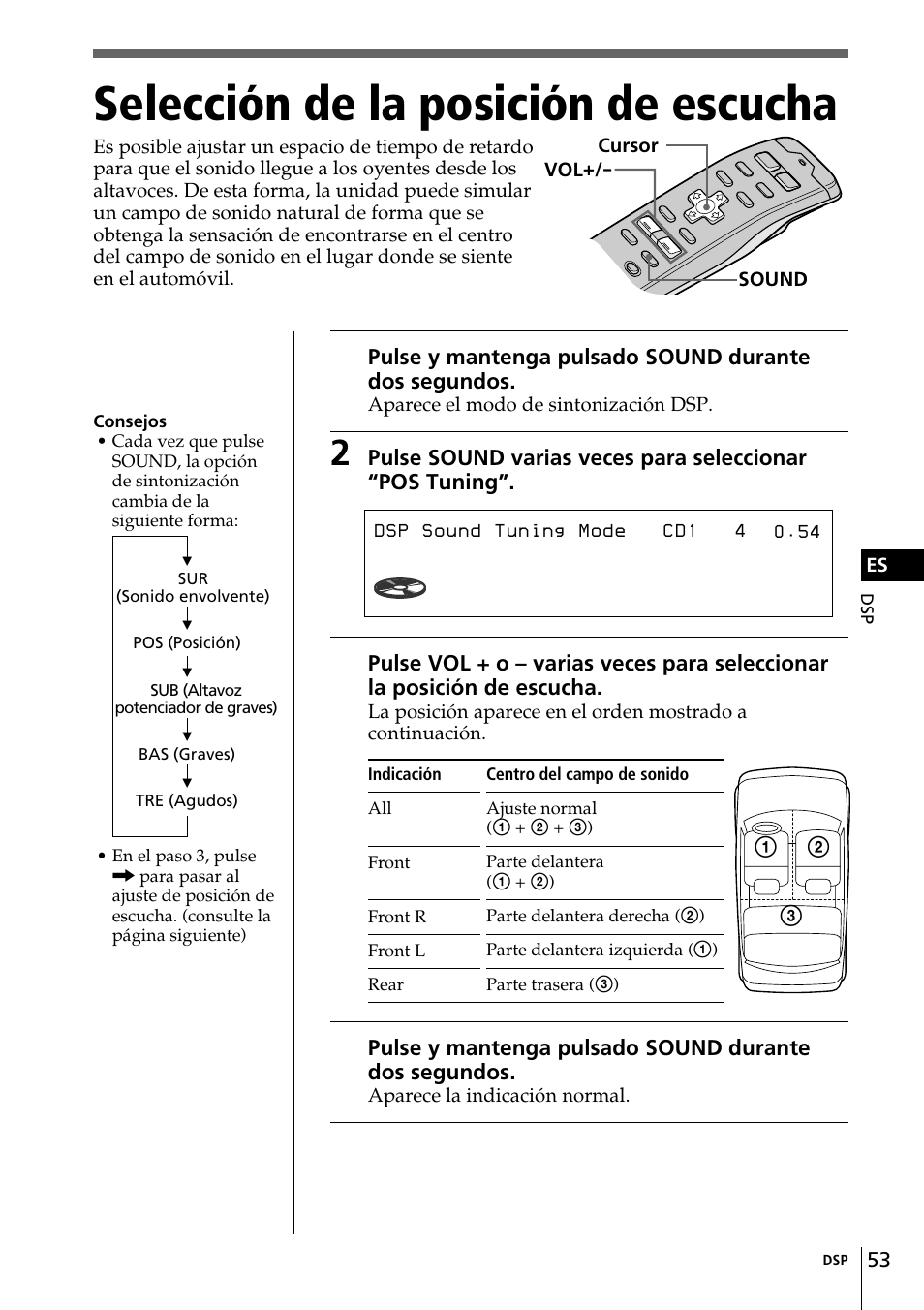 Selección de la posición de escucha, Pos tuning all | Sony CDX-C90 User Manual | Page 119 / 134