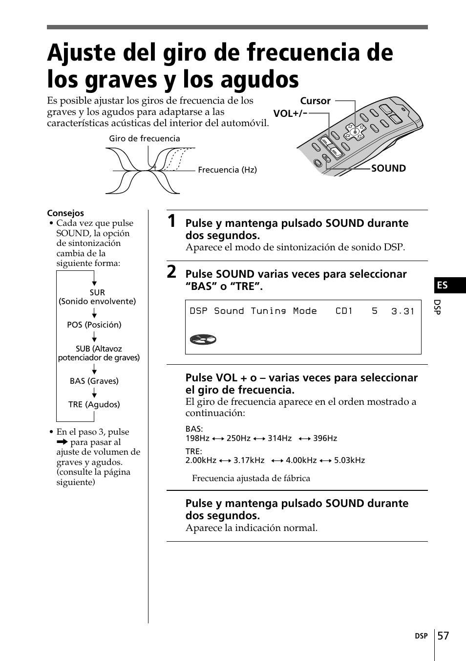 Ajuste del giro de frecuencia de los graves y, Los agudos, Bas tuning 250hz | Sony CDX-C90 User Manual | Page 123 / 134
