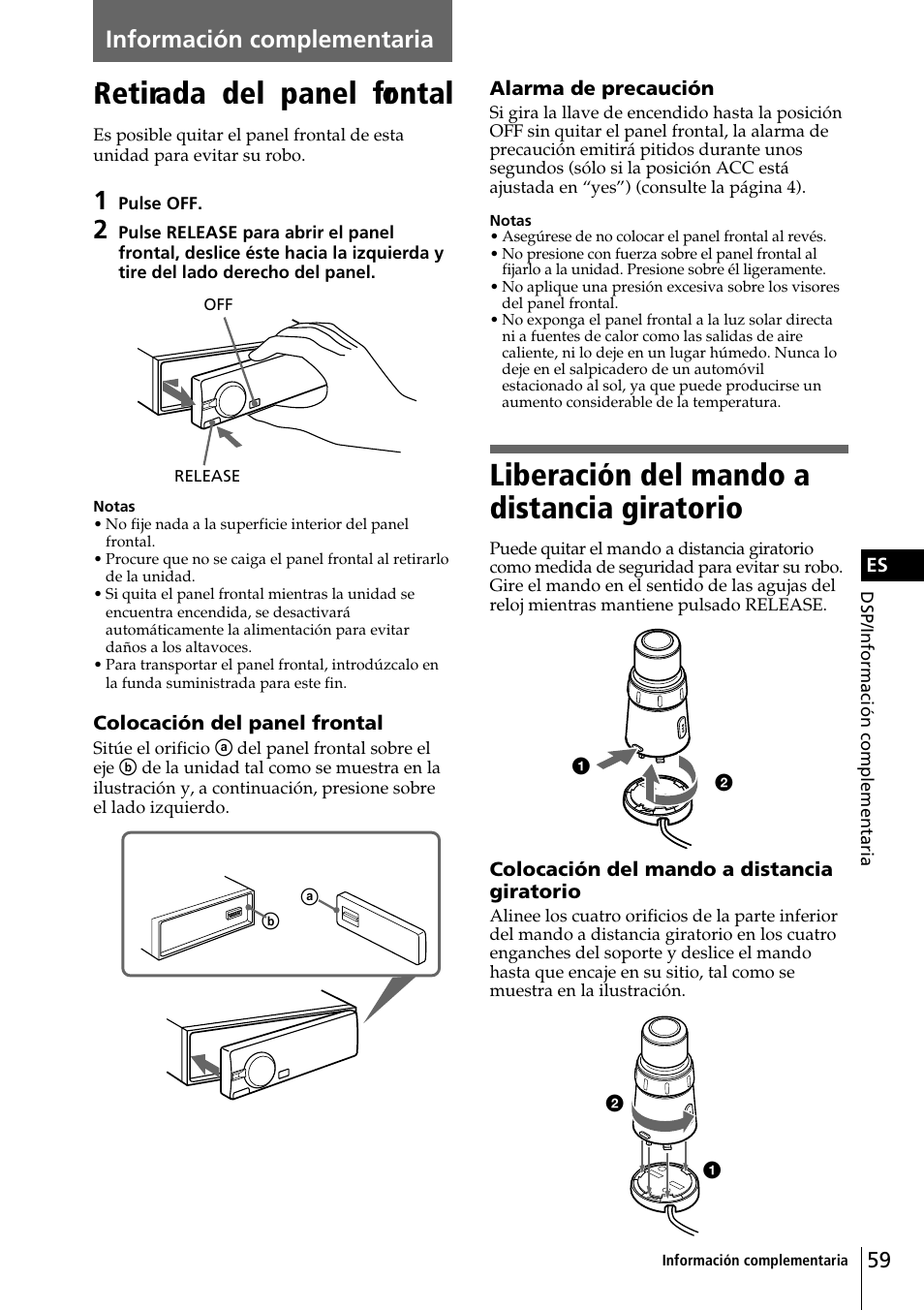 Retirada del panel frontal, Liberación del mando a distancia giratorio, Información complementaria | Sony CDX-C90 User Manual | Page 125 / 134