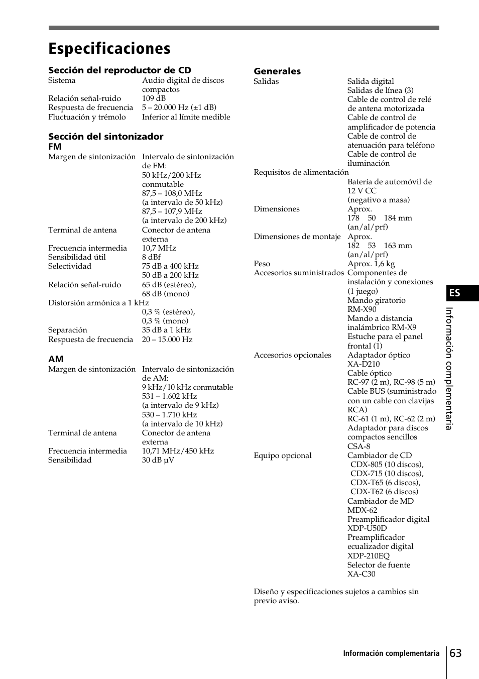 Especificaciones | Sony CDX-C90 User Manual | Page 129 / 134