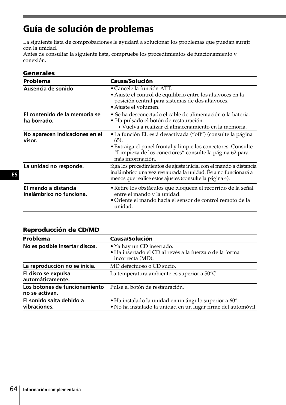 Guía de solución de problemas | Sony CDX-C90 User Manual | Page 130 / 134