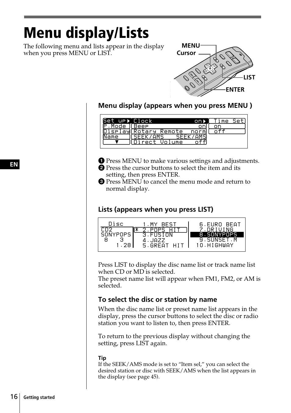 Menu display/lists | Sony CDX-C90 User Manual | Page 16 / 134