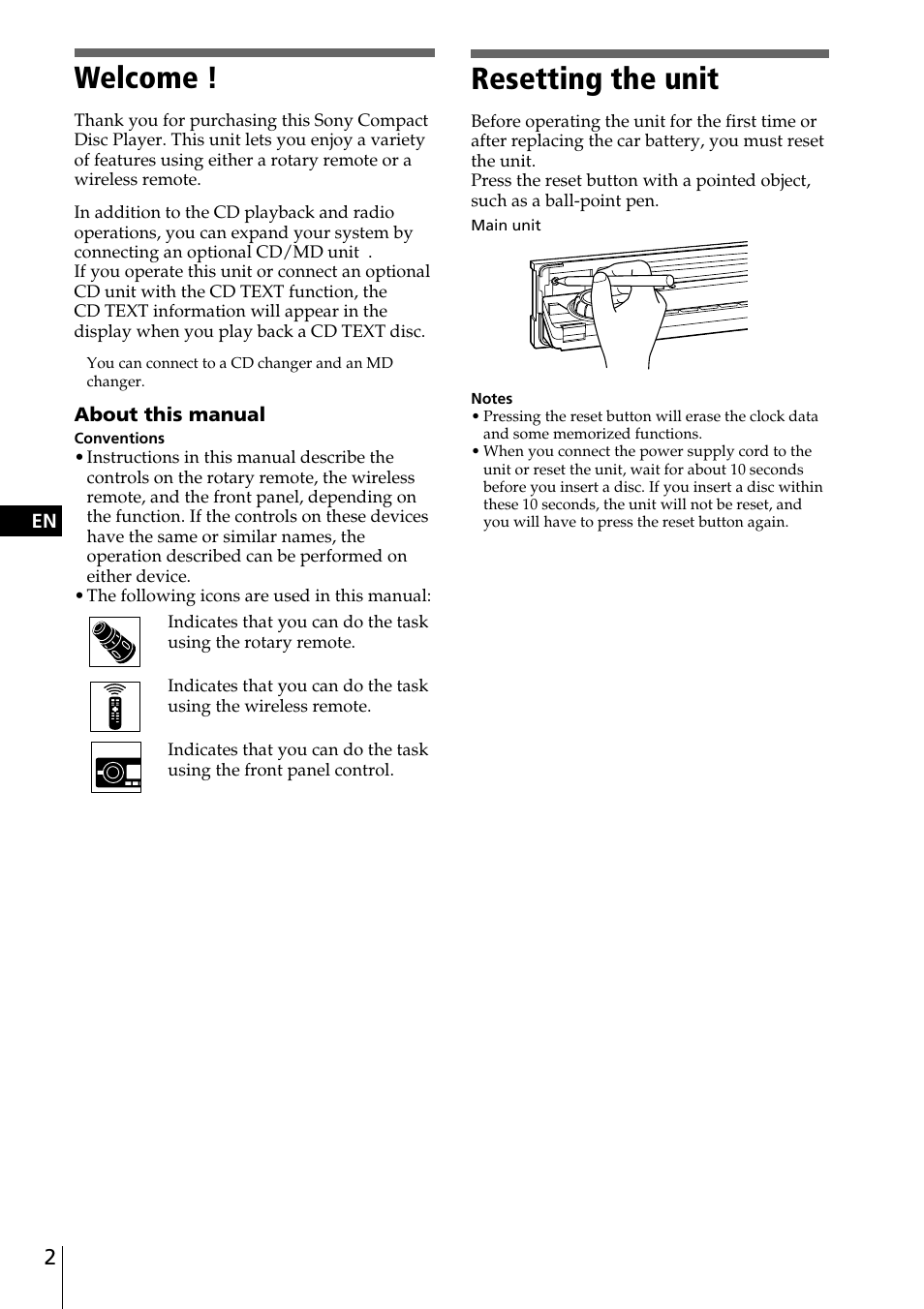 Resetting the unit, Welcome | Sony CDX-C90 User Manual | Page 2 / 134