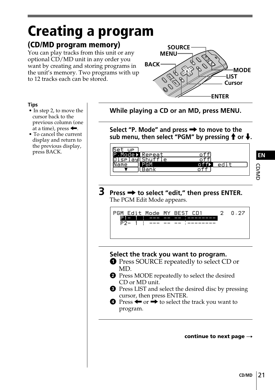 Creating a program | Sony CDX-C90 User Manual | Page 21 / 134