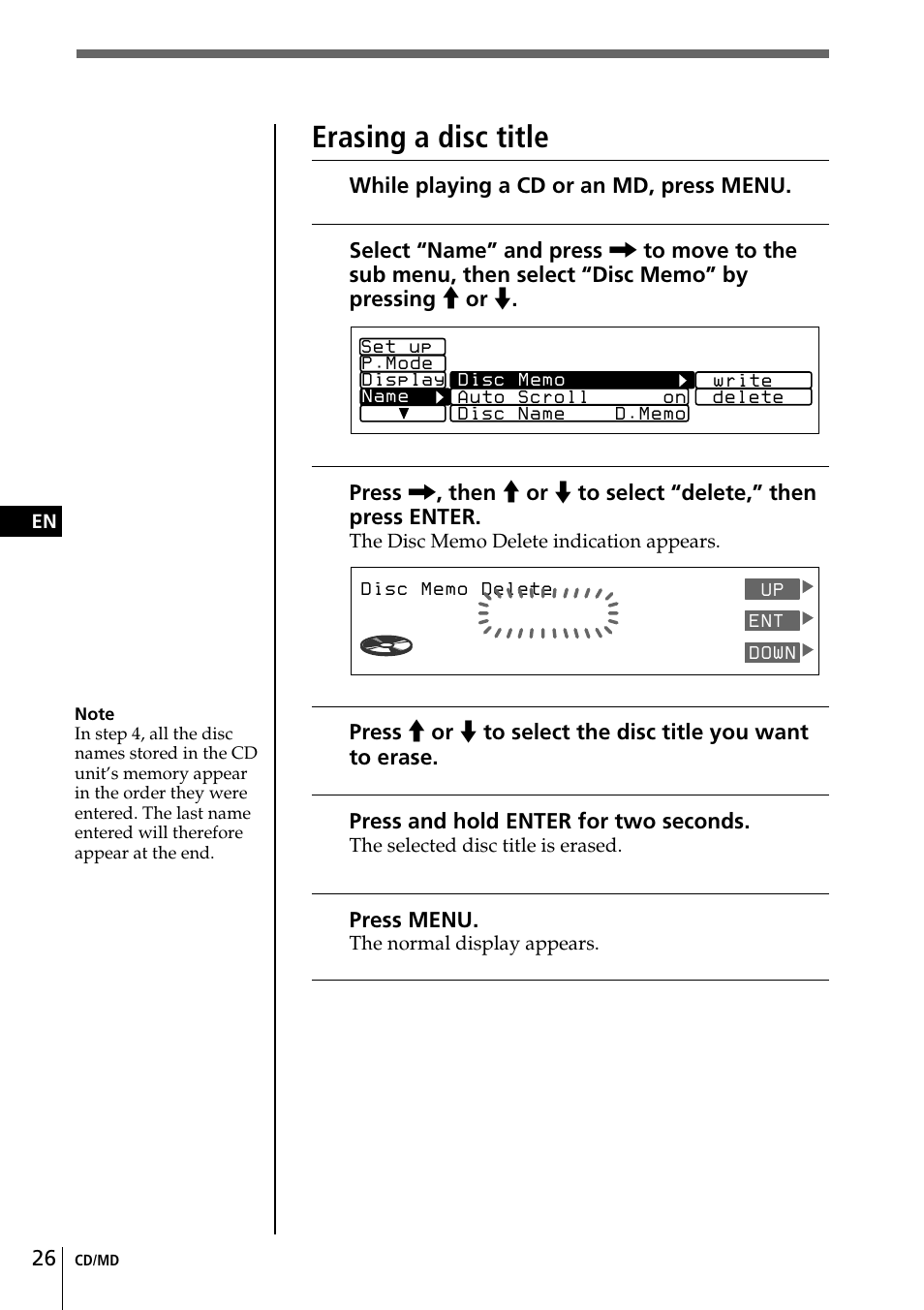 Erasing a disc title | Sony CDX-C90 User Manual | Page 26 / 134