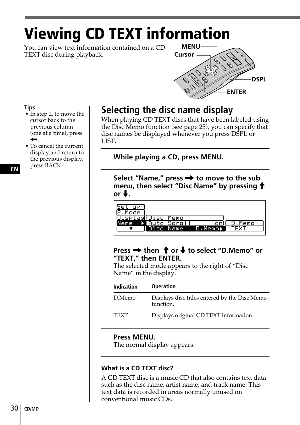 Viewing cd text information, Selecting the disc name display | Sony CDX-C90 User Manual | Page 30 / 134