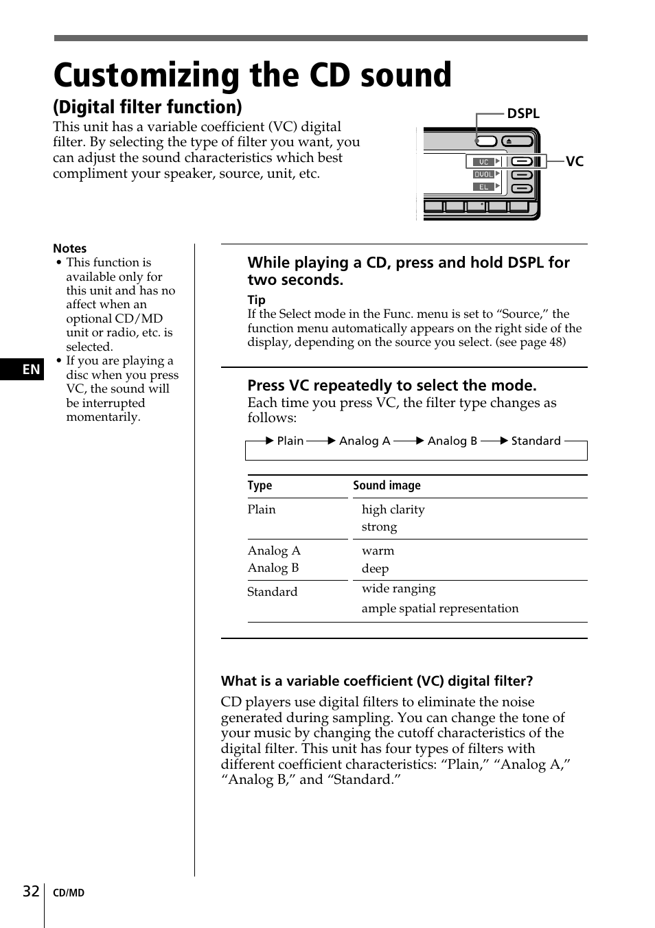 Customizing the cd sound, Digital filter function) | Sony CDX-C90 User Manual | Page 32 / 134