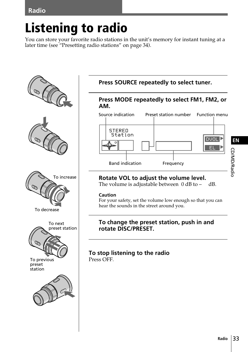 Listening to radio | Sony CDX-C90 User Manual | Page 33 / 134