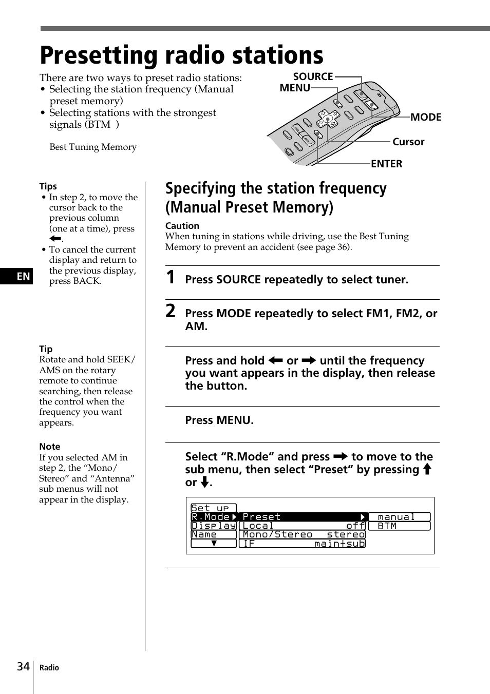 Presetting radio stations | Sony CDX-C90 User Manual | Page 34 / 134