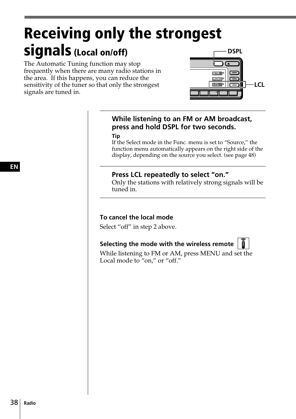 Receiving only the strongest signals, Local on/off) | Sony CDX-C90 User Manual | Page 38 / 134