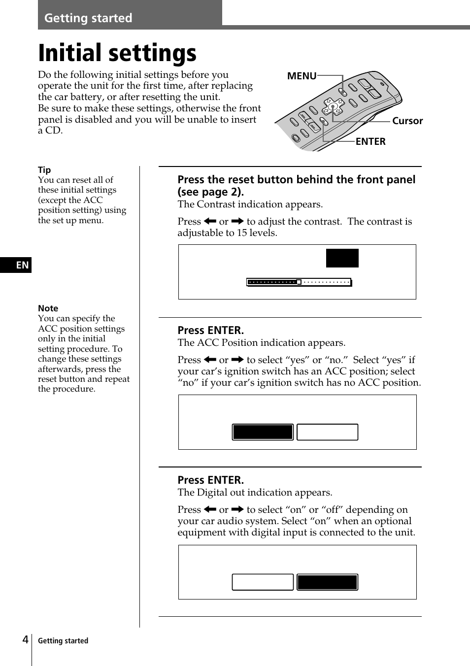 Initial settings, Acc position, Digital out | Contrast 8, No yes, On o ff | Sony CDX-C90 User Manual | Page 4 / 134