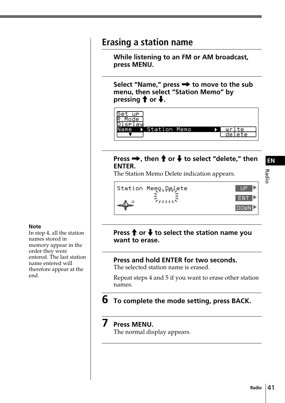 Erasing a station name | Sony CDX-C90 User Manual | Page 41 / 134