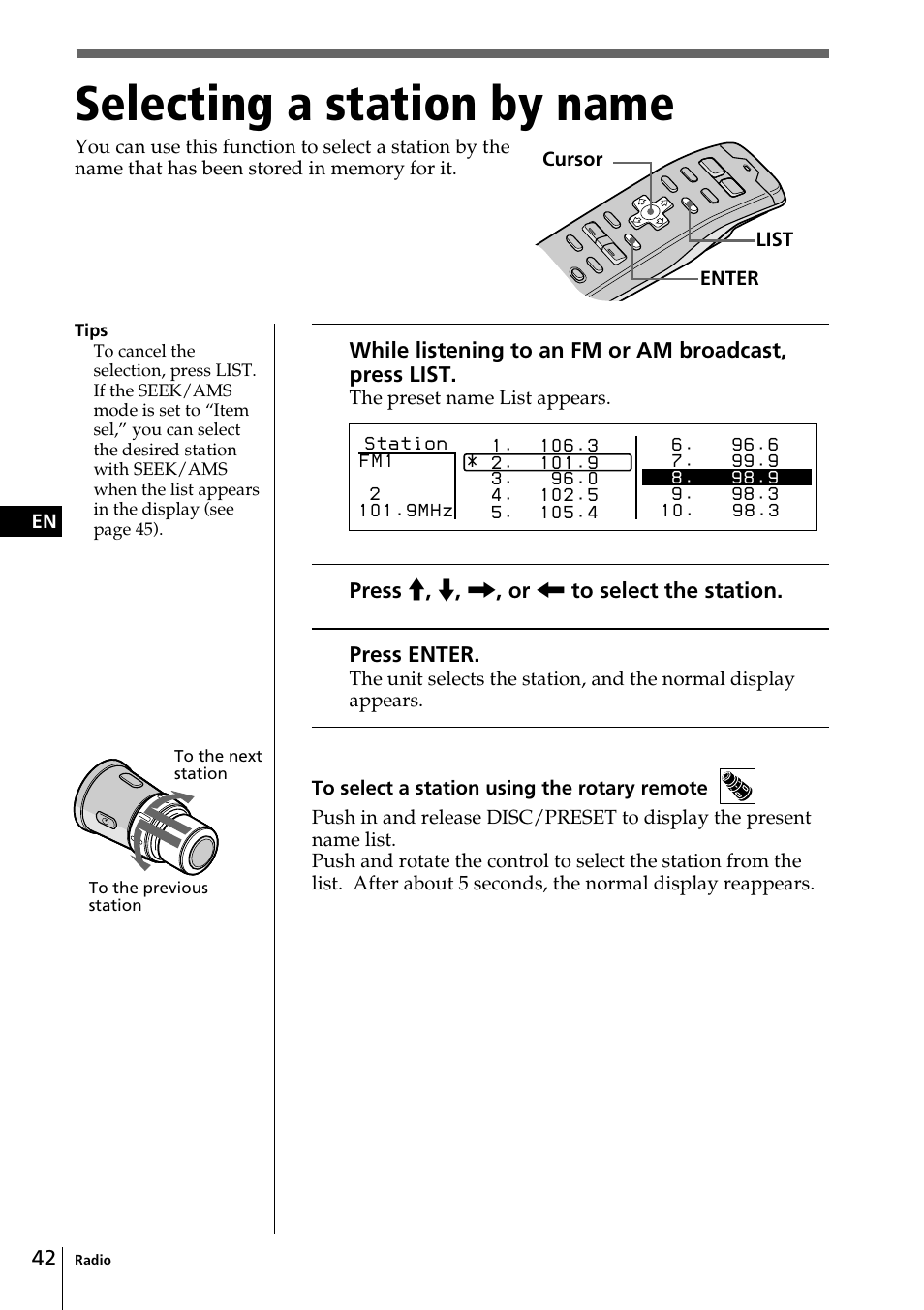 Selecting a station by name | Sony CDX-C90 User Manual | Page 42 / 134