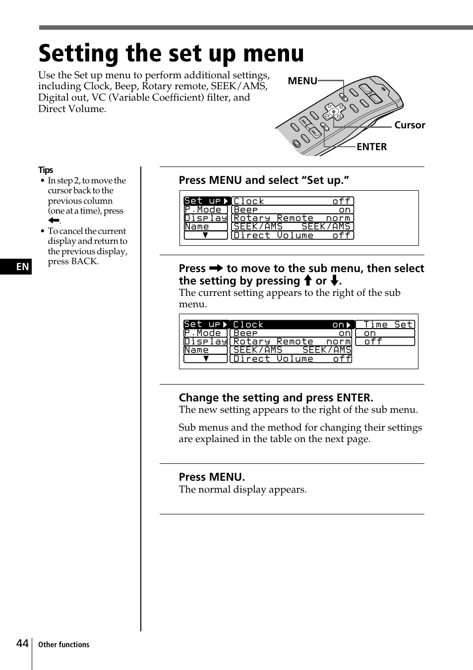 Setting the set up menu | Sony CDX-C90 User Manual | Page 44 / 134