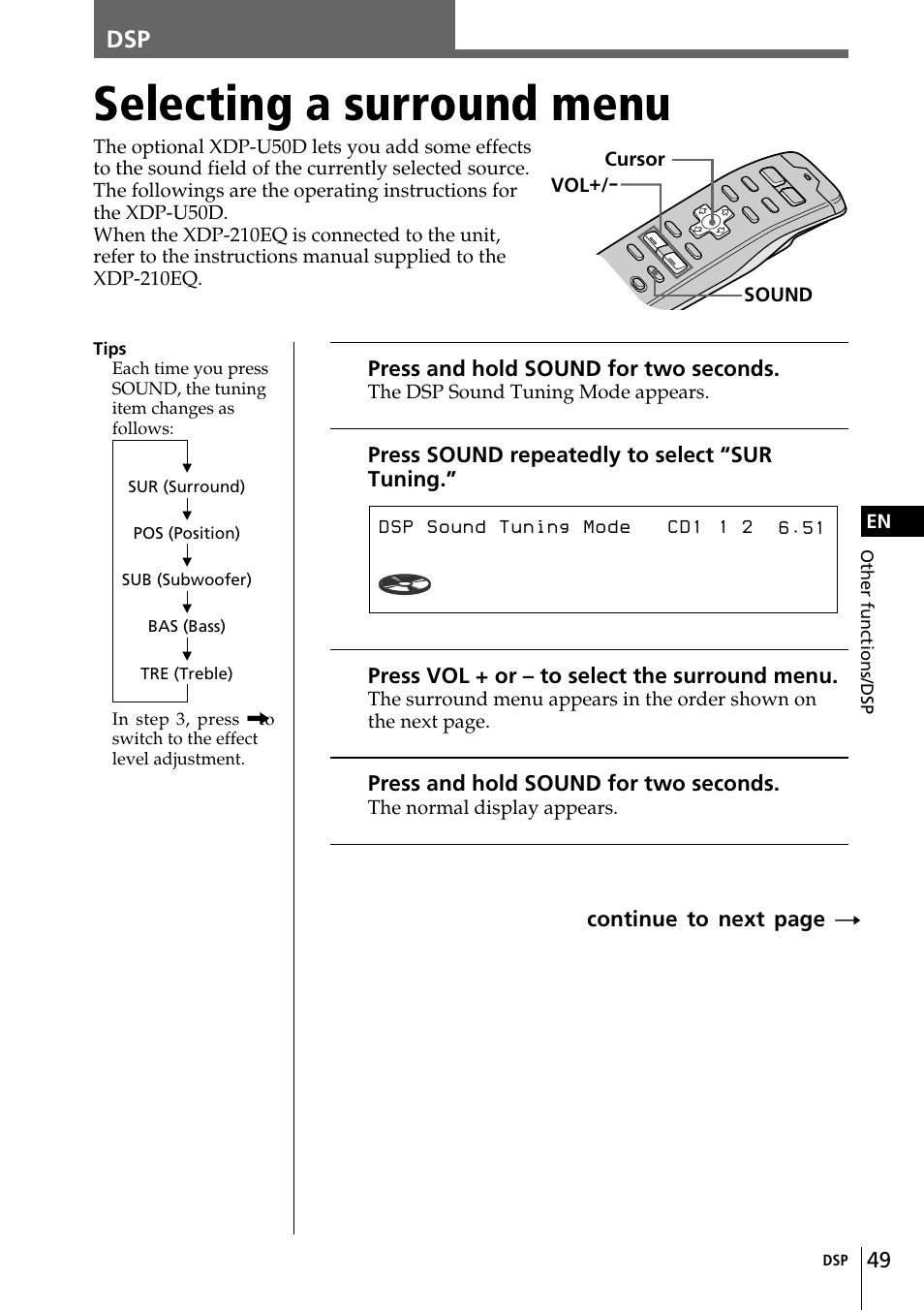 Selecting a surround menu, Sur tuning -defeat | Sony CDX-C90 User Manual | Page 49 / 134