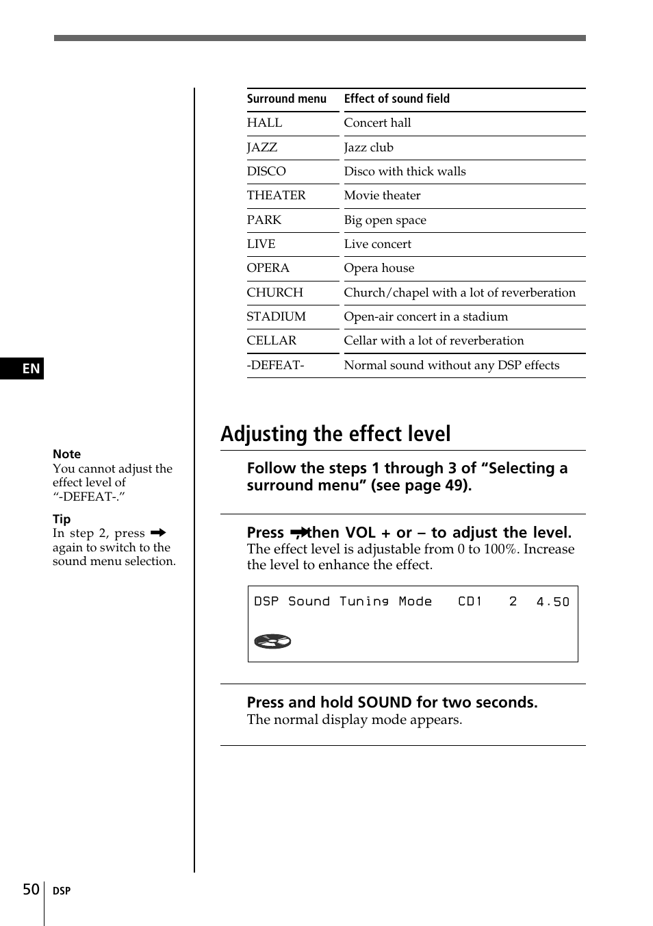 Sur hall effect 90, Adjusting the effect level | Sony CDX-C90 User Manual | Page 50 / 134