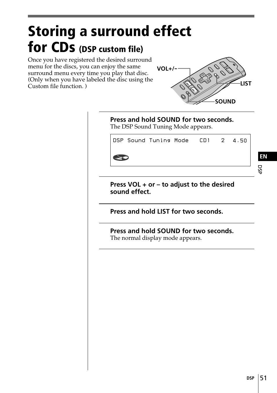 Storing a surround effect for cds, Sur hall effect 90 | Sony CDX-C90 User Manual | Page 51 / 134