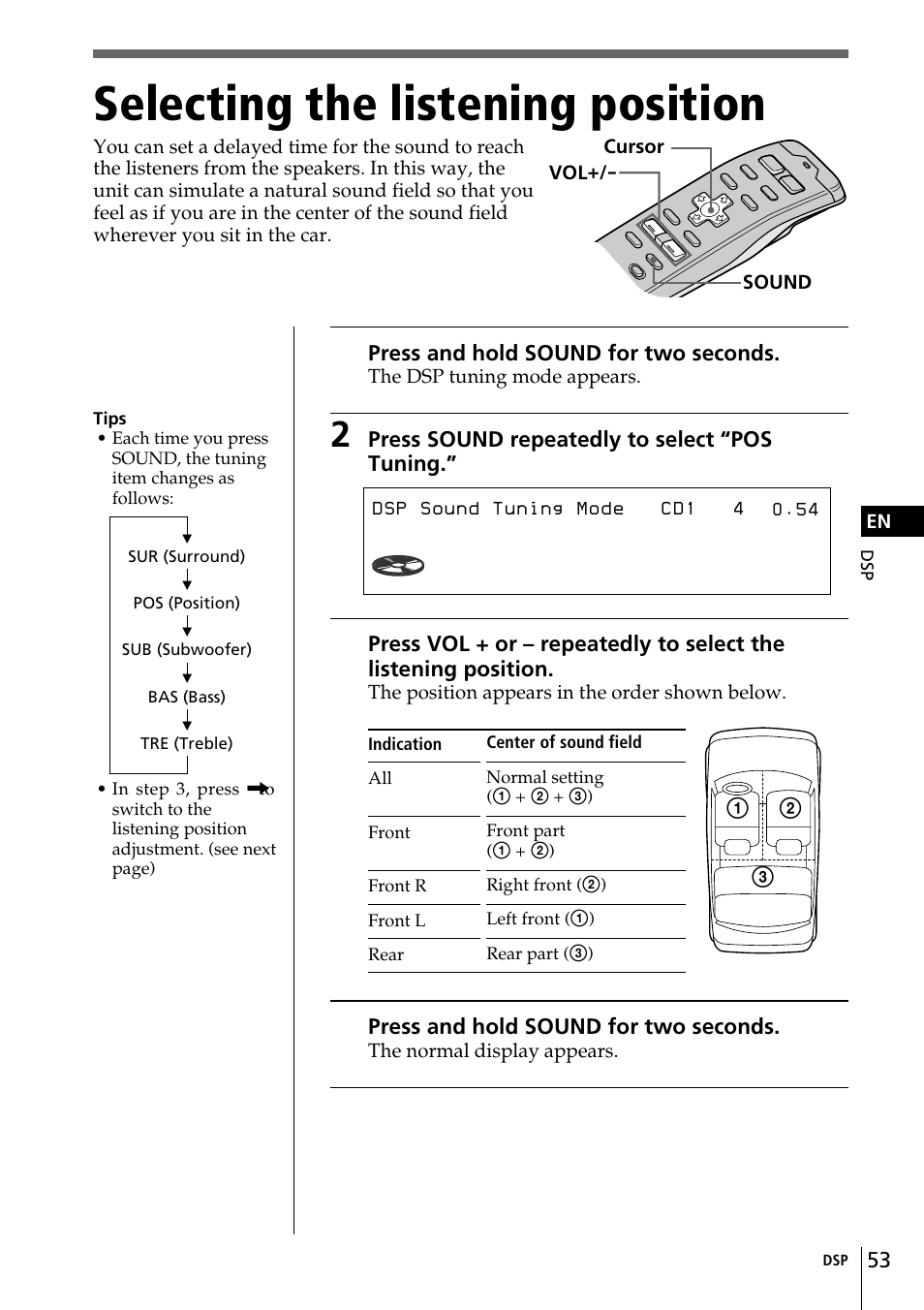 Selecting the listening position, Pos tuning all | Sony CDX-C90 User Manual | Page 53 / 134