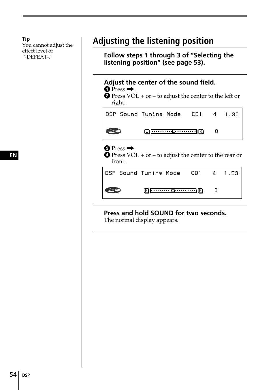Pos all, Adjusting the listening position | Sony CDX-C90 User Manual | Page 54 / 134
