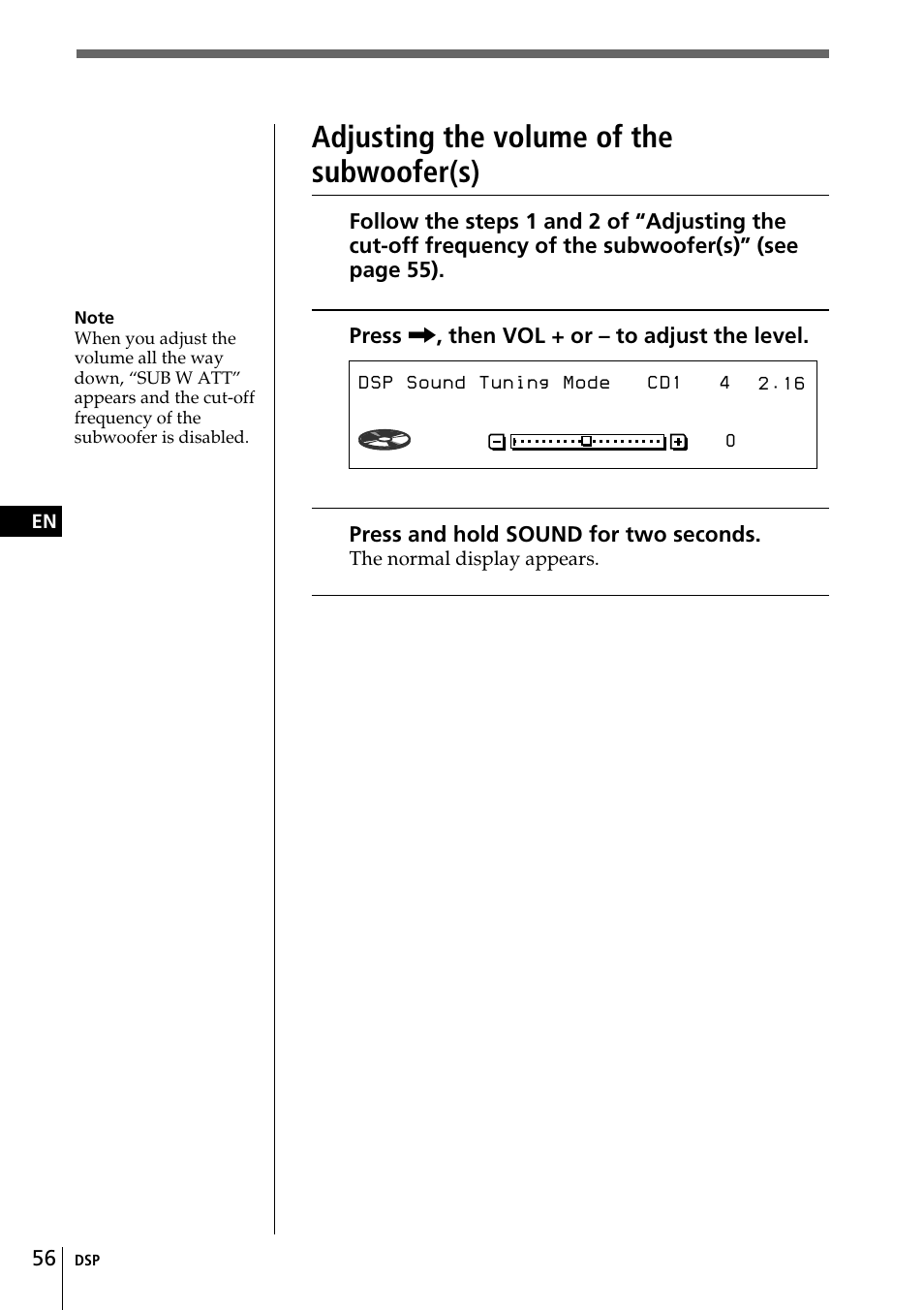 Sub c.off125hz, Adjusting the volume of the subwoofer(s) | Sony CDX-C90 User Manual | Page 56 / 134