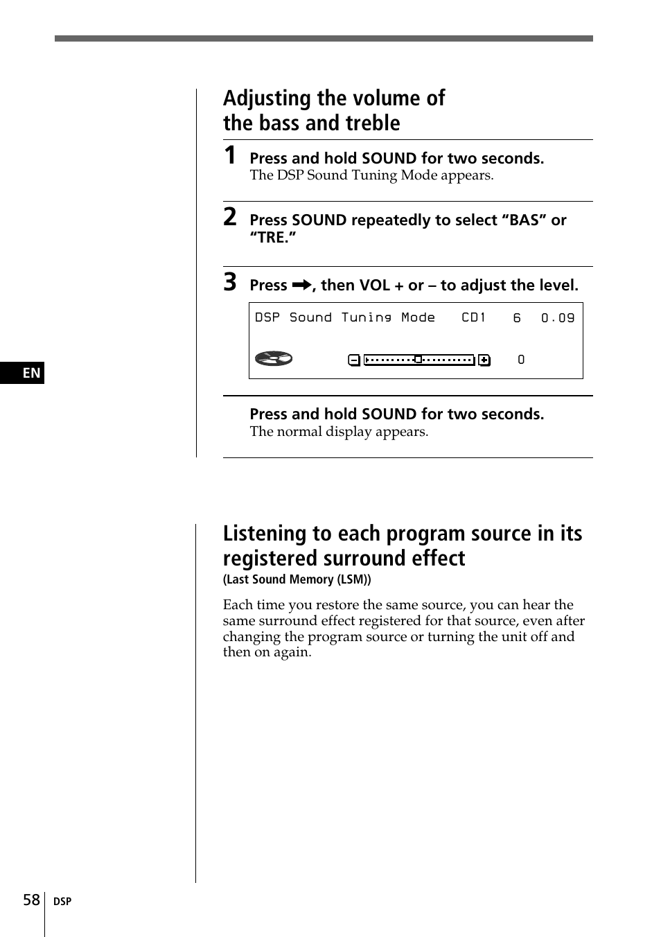 Bas 250hz, Adjusting the volume of the bass and treble | Sony CDX-C90 User Manual | Page 58 / 134