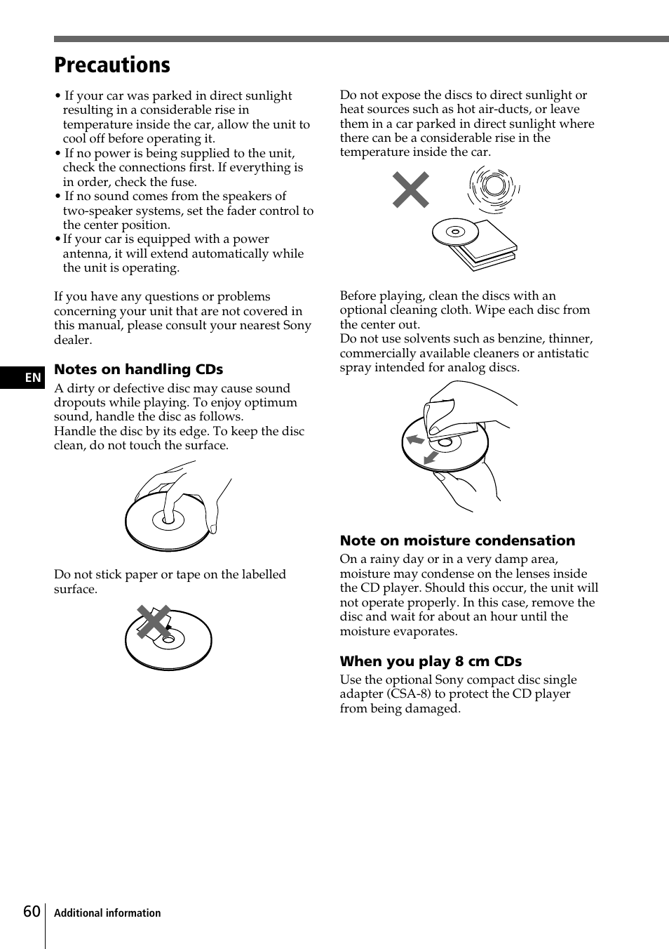 Precautions | Sony CDX-C90 User Manual | Page 60 / 134