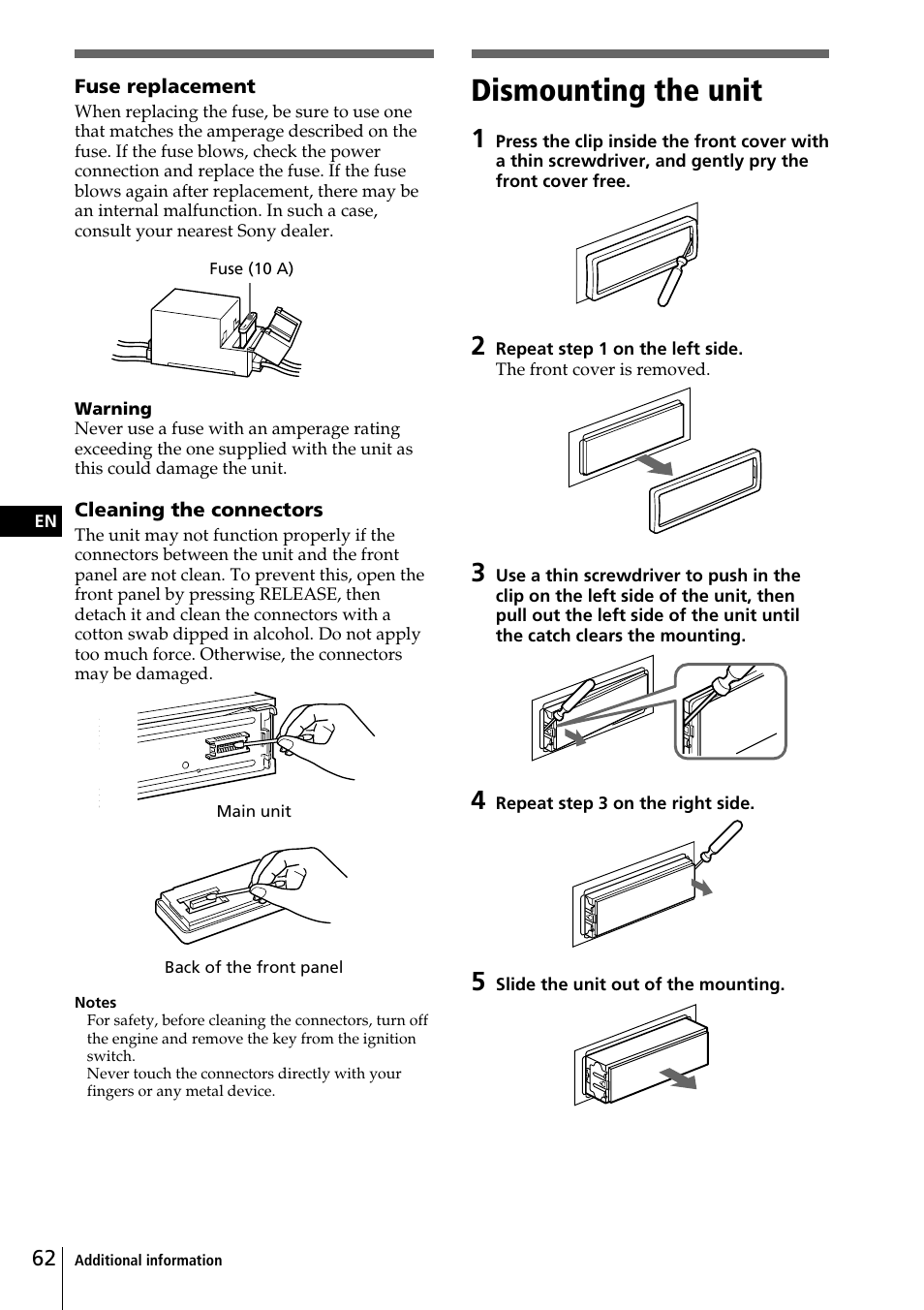 Dismounting the unit | Sony CDX-C90 User Manual | Page 62 / 134