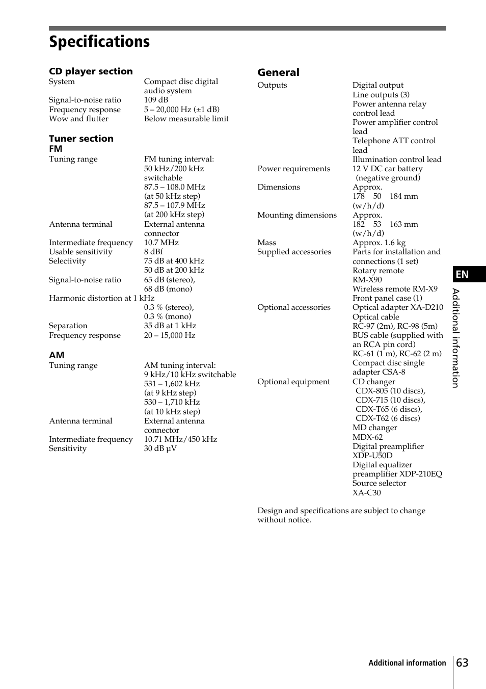 Specifications, General | Sony CDX-C90 User Manual | Page 63 / 134