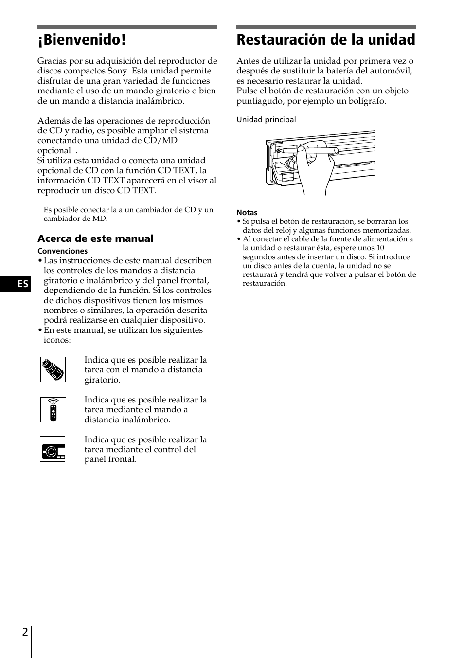 Bienvenido, Restauración de la unidad | Sony CDX-C90 User Manual | Page 68 / 134