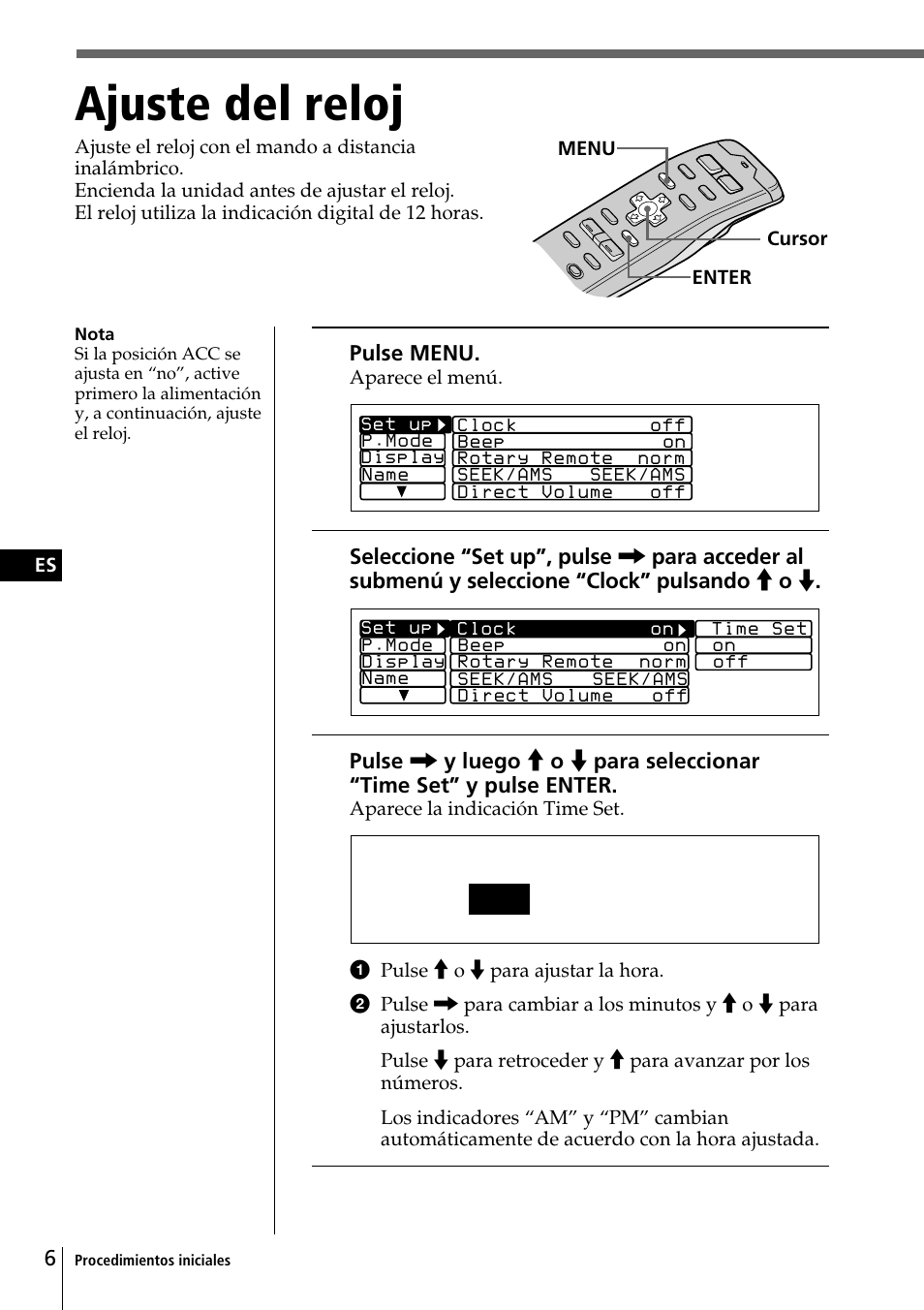 Ajuste del reloj, Time set 1 : 0 5 a m | Sony CDX-C90 User Manual | Page 72 / 134