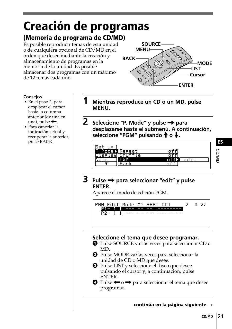 Creación de programas (memoria de programa, De cd/md), Creación de programas | Sony CDX-C90 User Manual | Page 87 / 134