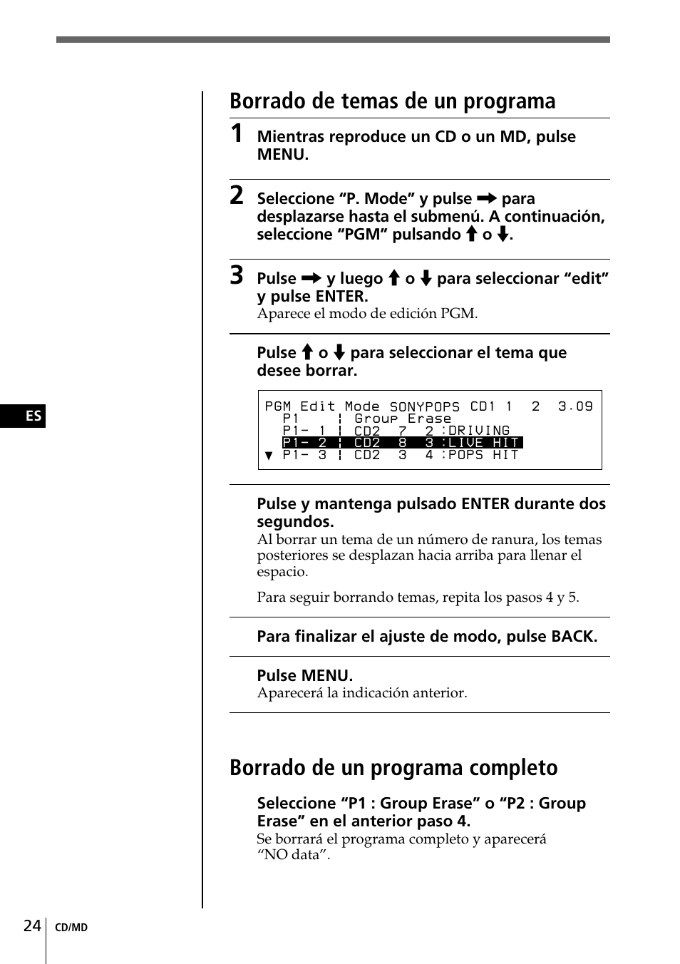 Borrado de temas de un programa, Borrado de un programa completo | Sony CDX-C90 User Manual | Page 90 / 134