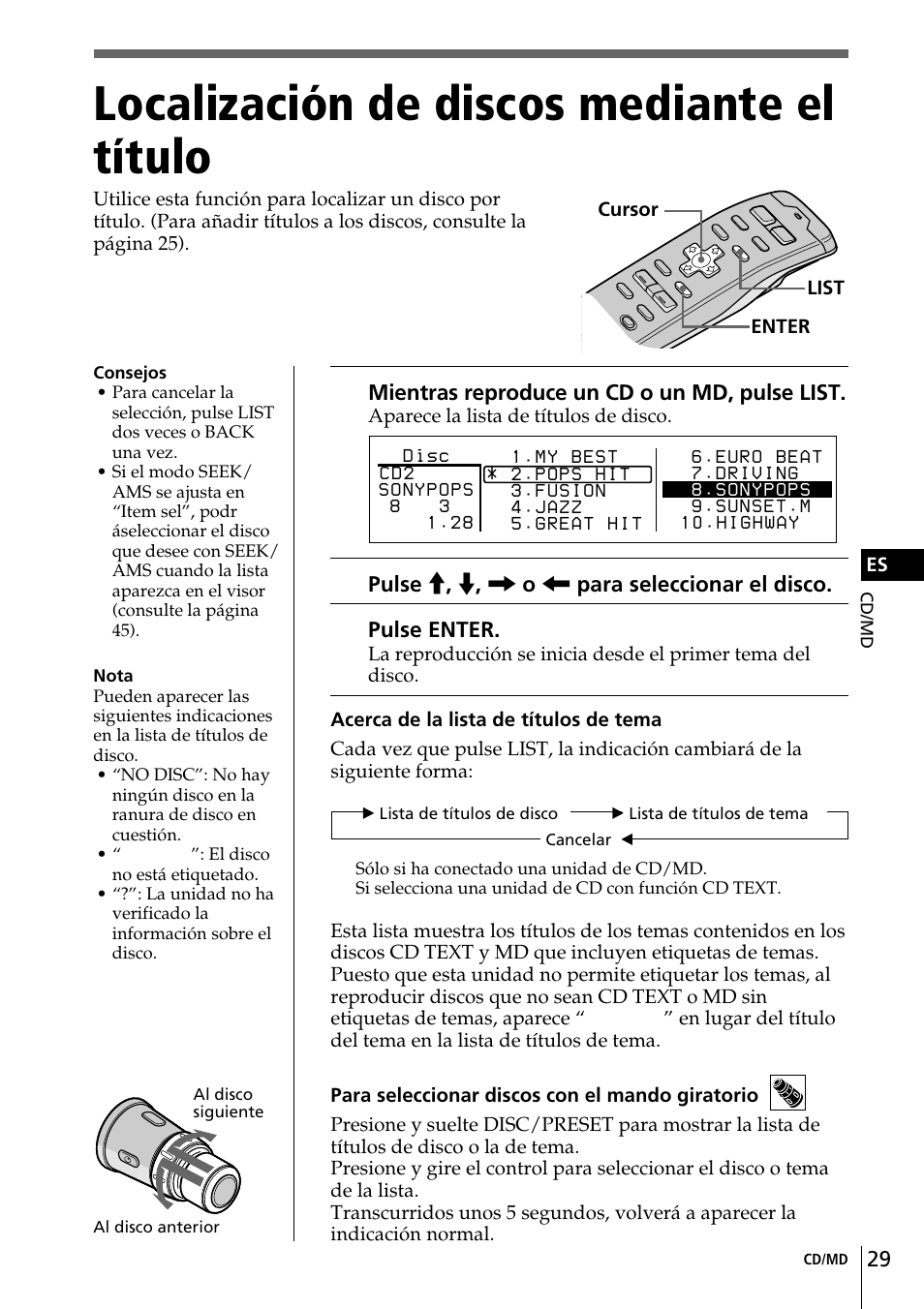 Localización de discos mediante el título, Localización de discos, Mediante el título | Sony CDX-C90 User Manual | Page 95 / 134