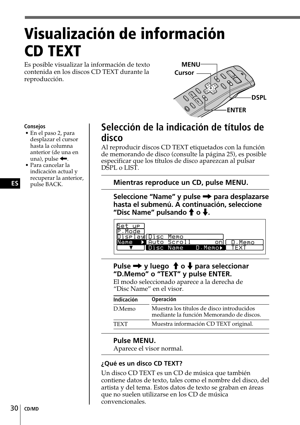 Visualización de información cd text, Visualización de información, Cd text | Selección de la indicación de títulos de disco | Sony CDX-C90 User Manual | Page 96 / 134